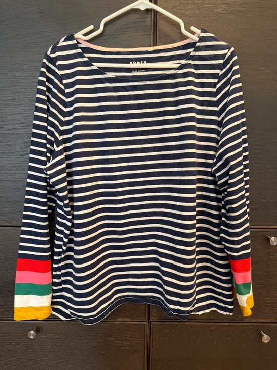 Boden Tops - Boden Navy and White Striped Tee with Pink Logo